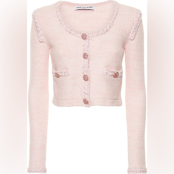 Self-portrait Sequin CrystalEmbellished Knit Cropped Cardigan pink